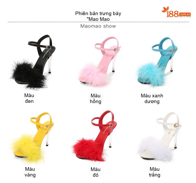 Giày Sandal Cao Gót Nữ Quai Trong Suốt Gót Cao 11cm Đính Lông Vũ Màu Đen, Đỏ, Vàng, Hồng... chi tiết 1