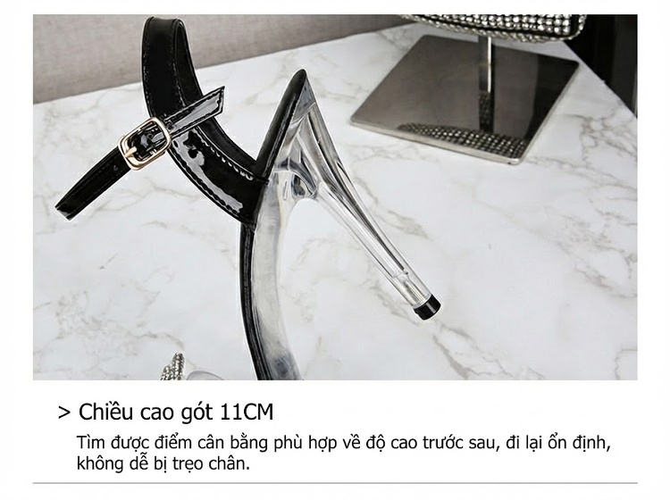 Giày Sandal Cao Gót Nữ Quai Trong Suốt Gót Cao 11cm Đính Lông Vũ Màu Đen, Đỏ, Vàng, Hồng... chi tiết 2
