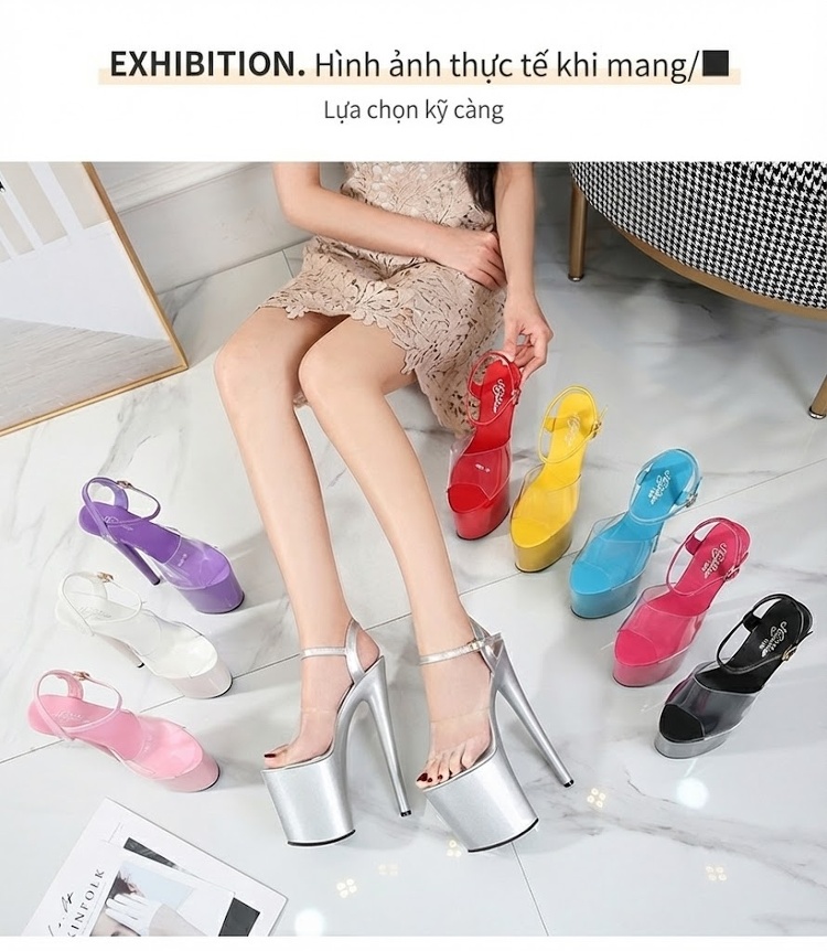 Giày Sandal Cao Gót Nữ Quai Trong Suốt Đế Xuồng Siêu Cao Gót Cao 10cm - 12cm Màu Đen, Trắng, Đỏ, Tím... chi tiết 9