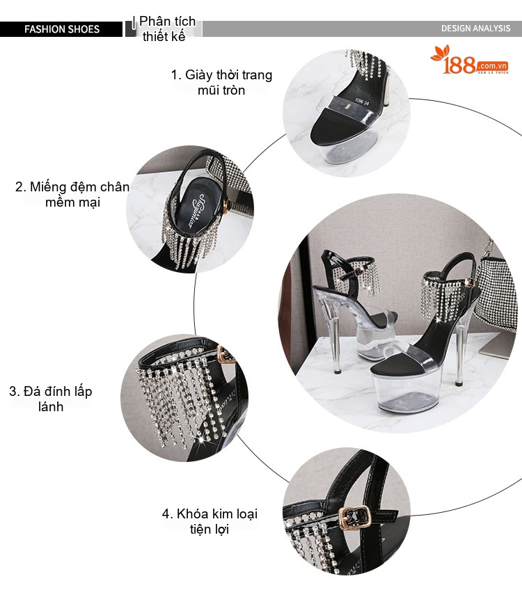 Giày Sandal Cao Gót Nữ Quai Ngang Hở Ngón Đế Xuồng Trong Suốt Gót Cao 10cm - 12cm Màu Đen, Trắng, Vàng, Hồng... chi tiết 3