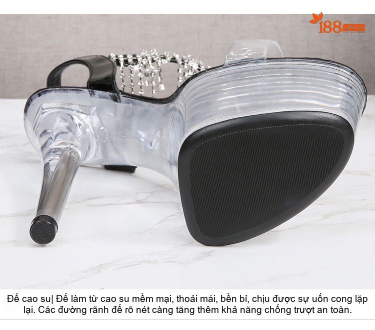 Giày Sandal Cao Gót Nữ Quai Ngang Hở Ngón Đế Xuồng Trong Suốt Gót Cao 10cm - 12cm Màu Đen, Trắng, Vàng, Hồng... chi tiết 7