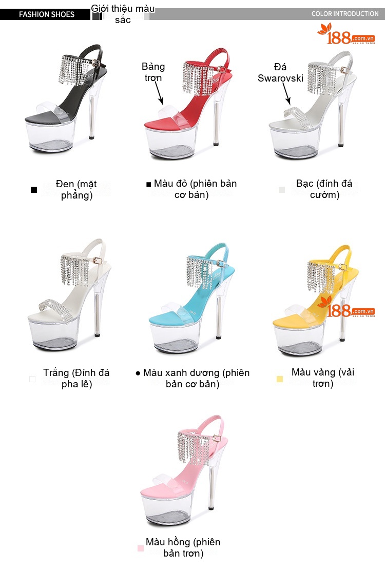 Giày Sandal Cao Gót Nữ Quai Ngang Hở Ngón Đế Xuồng Trong Suốt Gót Cao 10cm - 12cm Màu Đen, Trắng, Vàng, Hồng... chi tiết 2