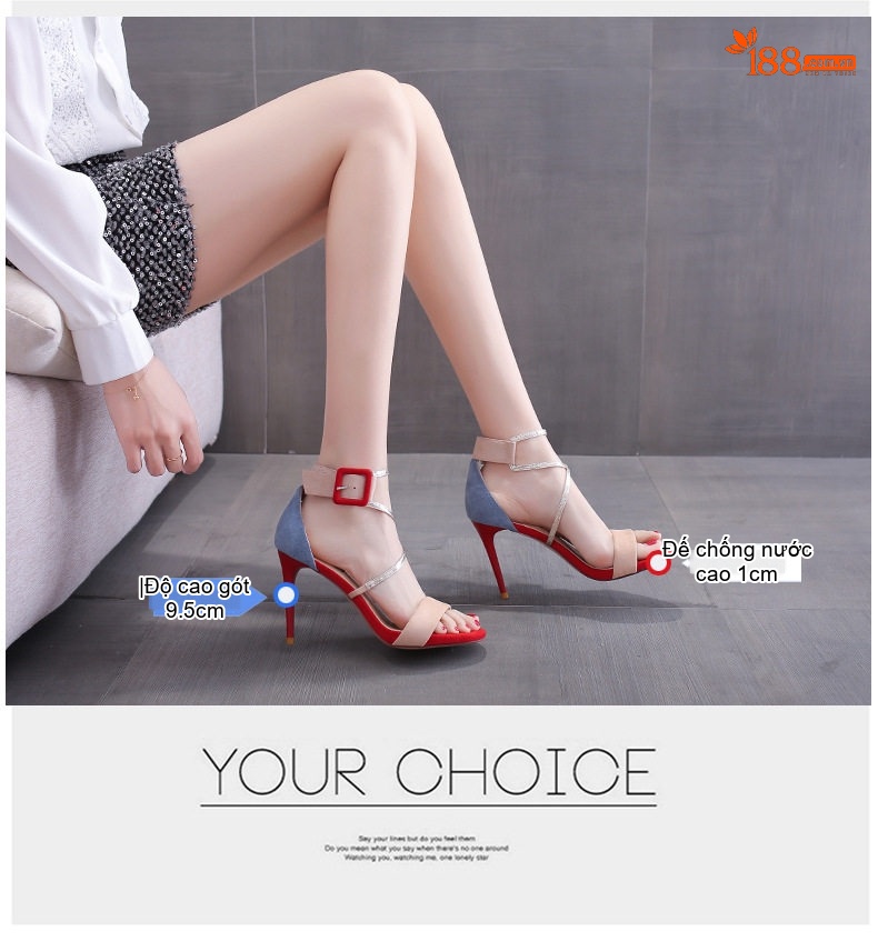 Giày Sandal Cao Gót Nữ Phối Màu Quai Mảnh Gót Nhọn Gót Cao 8cm Màu Đỏ, Xanh, Be, Đen chi tiết 2