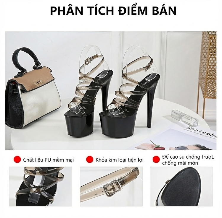Giày Sandal Cao Gót Nữ Da Bóng Quai Trong Gót Cao 10cm - 12cm Màu Đen, Đỏ, Hồng, Trắng... chi tiết 3