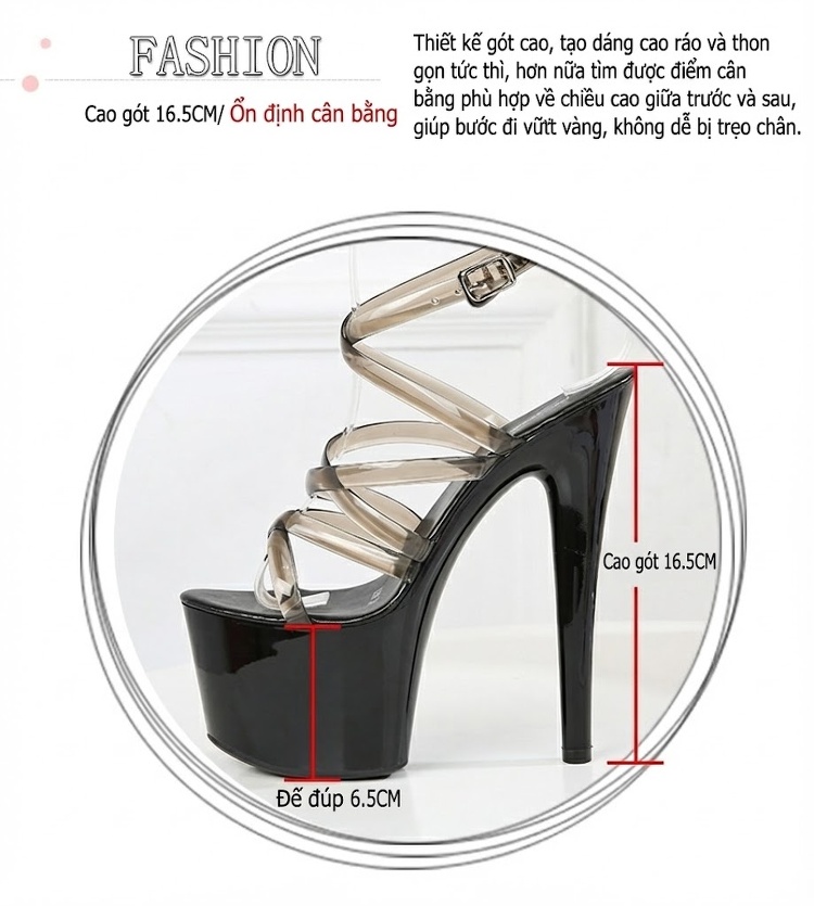 Giày Sandal Cao Gót Nữ Da Bóng Quai Trong Gót Cao 10cm - 12cm Màu Đen, Đỏ, Hồng, Trắng... chi tiết 7