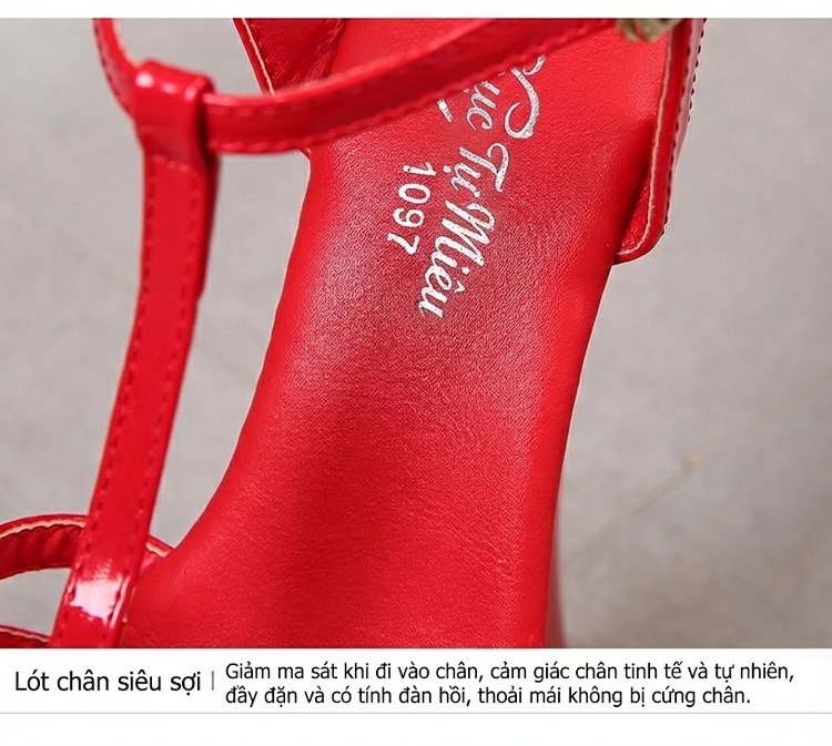 Giày Sandal Cao Gót Nữ Quai Chữ T Da Bóng Gót Cao 10cm - 12cm Màu Đen, Trắng, Đỏ, Hồng... chi tiết 4