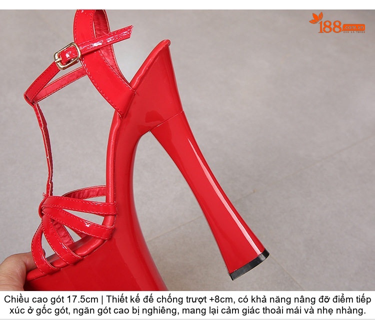 Giày Sandal Cao Gót Nữ Quai Chữ T Da Bóng Gót Cao 10cm - 12cm Màu Đen, Trắng, Đỏ, Hồng... chi tiết 5