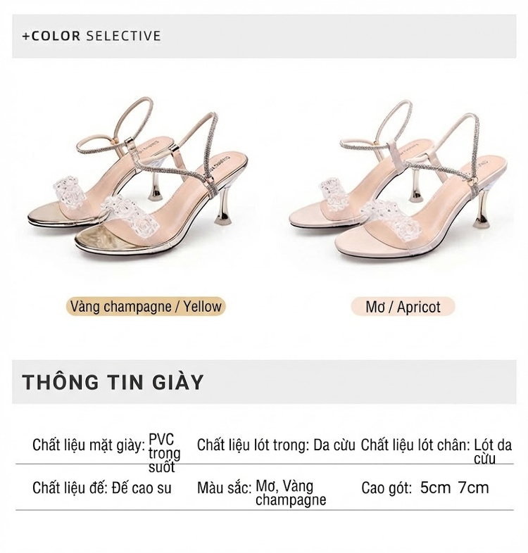 Giày Sandal Cao Gót Nữ Quai Trong Suốt Đính Đá Gót Cao 7cm - 8cm Màu Kem chi tiết 5