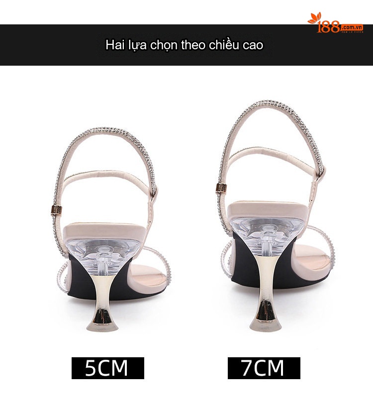 Giày Sandal Cao Gót Nữ Quai Trong Suốt Đính Đá Gót Cao 7cm - 8cm Màu Kem chi tiết 7