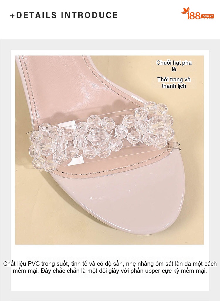 Giày Sandal Cao Gót Nữ Quai Trong Suốt Đính Đá Gót Cao 7cm - 8cm Màu Kem chi tiết 8