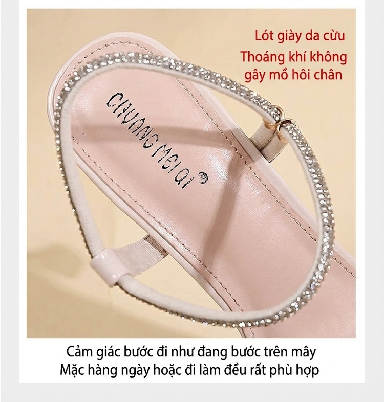 Giày Sandal Cao Gót Nữ Quai Trong Suốt Đính Đá Gót Cao 7cm - 8cm Màu Kem chi tiết 9