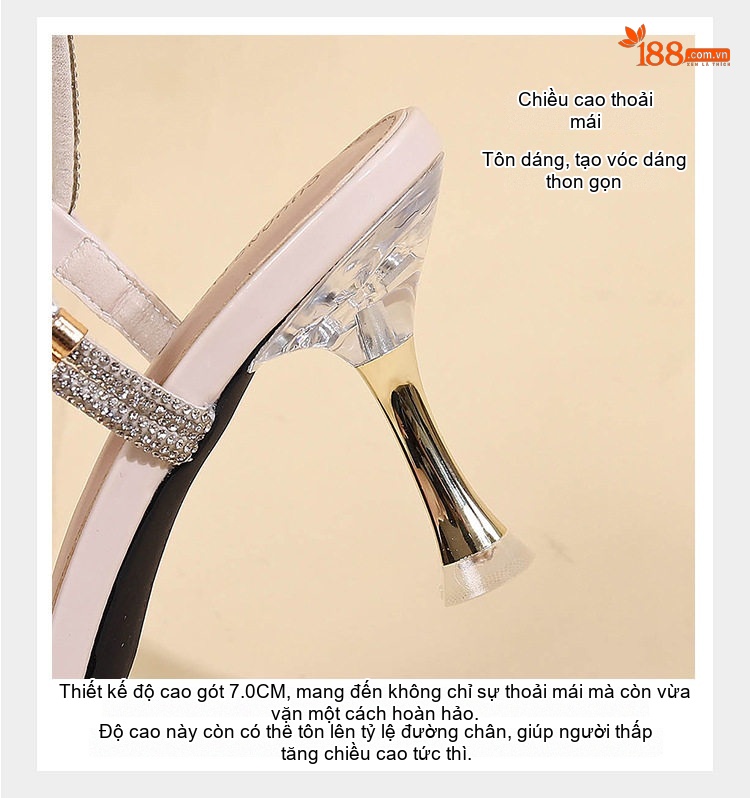 Giày Sandal Cao Gót Nữ Quai Trong Suốt Đính Đá Gót Cao 7cm - 8cm Màu Kem chi tiết 10