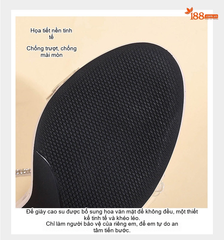 Giày Sandal Cao Gót Nữ Quai Trong Suốt Đính Đá Gót Cao 7cm - 8cm Màu Kem chi tiết 11