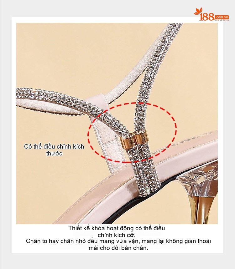 Giày Sandal Cao Gót Nữ Quai Trong Suốt Đính Đá Gót Cao 7cm - 8cm Màu Kem chi tiết 12