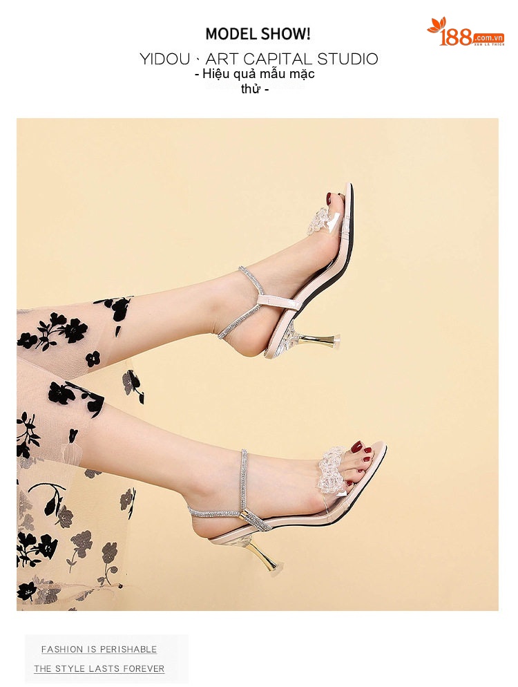 Giày Sandal Cao Gót Nữ Quai Trong Suốt Đính Đá Gót Cao 7cm - 8cm Màu Kem chi tiết 13