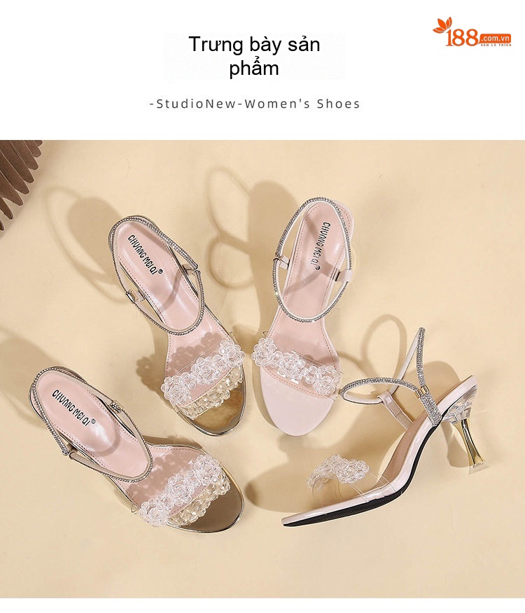 Giày Sandal Cao Gót Nữ Quai Trong Suốt Đính Đá Gót Cao 7cm - 8cm Màu Kem chi tiết 25