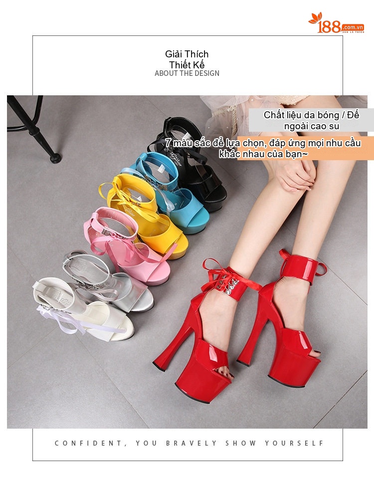Giày Sandal Cao Gót Nữ Quai Mảnh Đế Xuồng Gót Cao 17cm Da Bóng Màu Đen, Đỏ, Trắng, Vàng... chi tiết 1