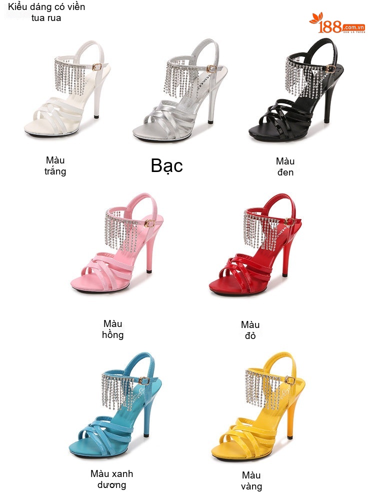 Giày Sandal Cao Gót Nữ Quai Chéo Đính Đá Gót Cao 11cm Da Bóng Màu Đen, Đỏ, Bạc, Hồng... chi tiết 2