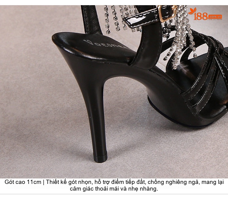 Giày Sandal Cao Gót Nữ Quai Chéo Đính Đá Gót Cao 11cm Da Bóng Màu Đen, Đỏ, Bạc, Hồng... chi tiết 3
