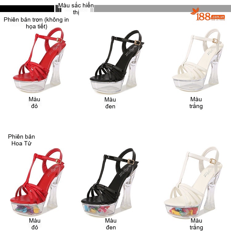 Giày Sandal Cao Gót Nữ Quai Ngang Đế Trong Suốt Gót Cao 10cm - 12cm Màu Đen, Đỏ, Trắng chi tiết 1