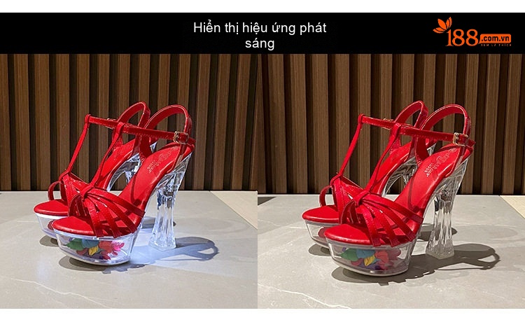 Giày Sandal Cao Gót Nữ Quai Ngang Đế Trong Suốt Gót Cao 10cm - 12cm Màu Đen, Đỏ, Trắng chi tiết 2