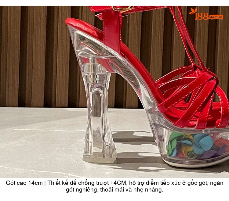 Giày Sandal Cao Gót Nữ Quai Ngang Đế Trong Suốt Gót Cao 10cm - 12cm Màu Đen, Đỏ, Trắng chi tiết 4
