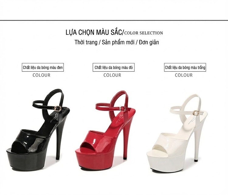 Giày Sandal Cao Gót Nữ Quai Mảnh Hở Mũi Da Bóng Gót Cao 10cm - 12cm Màu Đen, Đỏ, Trắng, Bạc... chi tiết 4