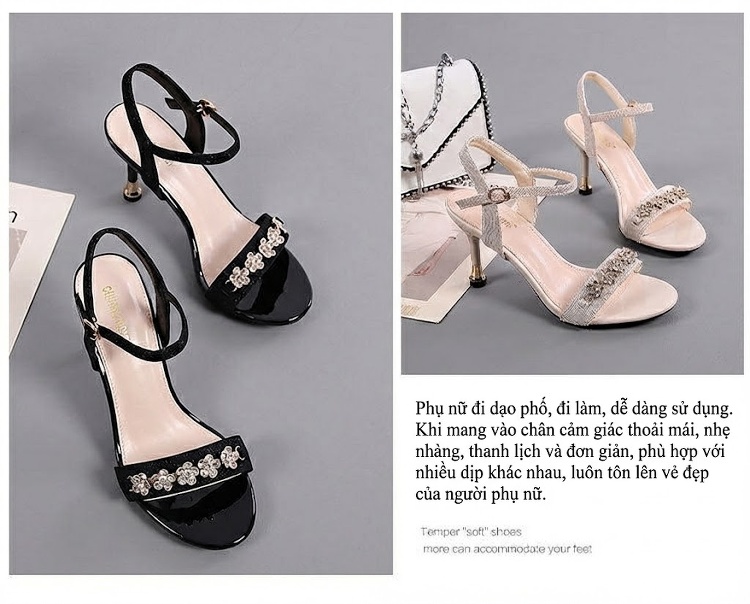 Giày Sandal Cao Gót Nữ Quai Ngang Đính Đá Gót Cao 7cm - 8cm Màu Đen, Kem chi tiết 24