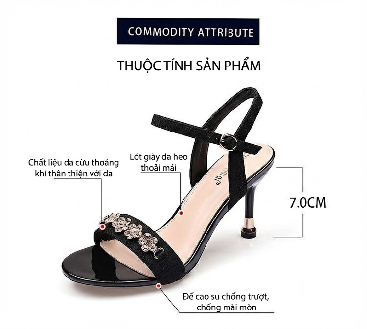 Giày Sandal Cao Gót Nữ Quai Ngang Đính Đá Gót Cao 7cm - 8cm Màu Đen, Kem chi tiết 26