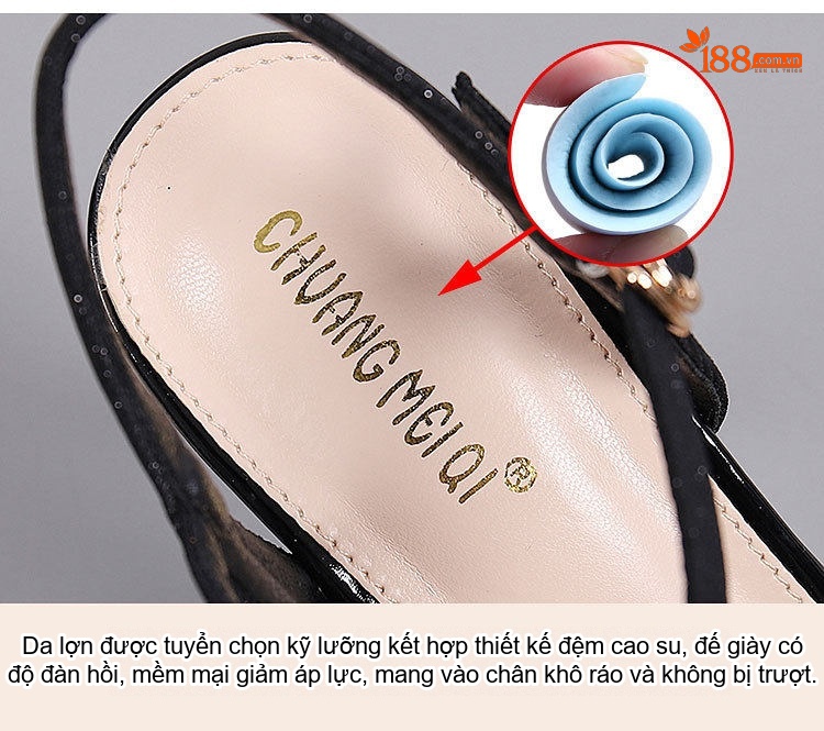 Giày Sandal Cao Gót Nữ Quai Ngang Đính Đá Gót Cao 7cm - 8cm Màu Đen, Kem chi tiết 28