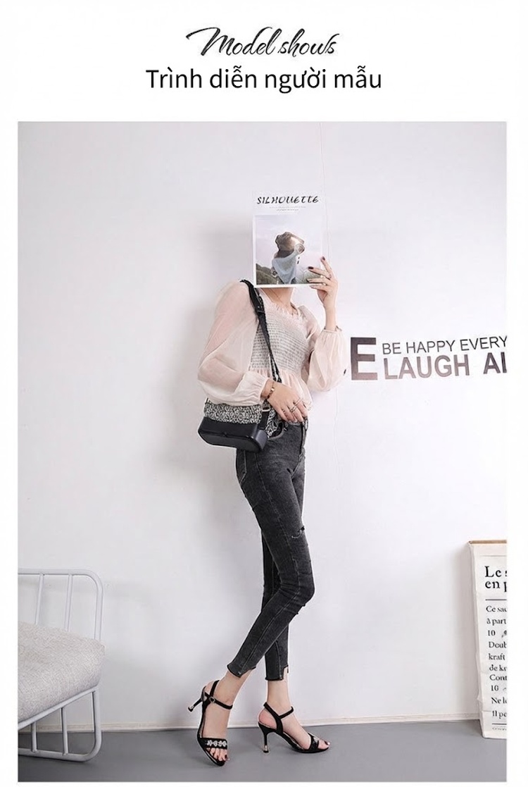 Giày Sandal Cao Gót Nữ Quai Ngang Đính Đá Gót Cao 7cm - 8cm Màu Đen, Kem chi tiết 32