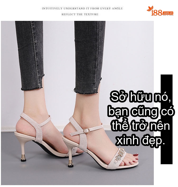 Giày Sandal Cao Gót Nữ Quai Ngang Đính Đá Gót Cao 7cm - 8cm Màu Đen, Kem chi tiết 44