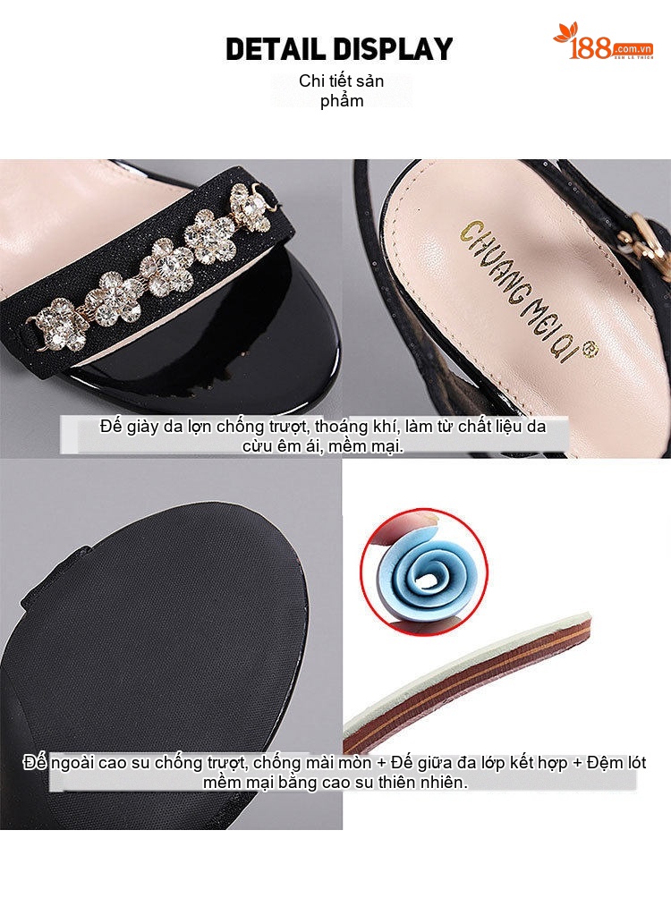 Giày Sandal Cao Gót Nữ Quai Ngang Đính Đá Gót Cao 7cm - 8cm Màu Đen, Kem chi tiết 25