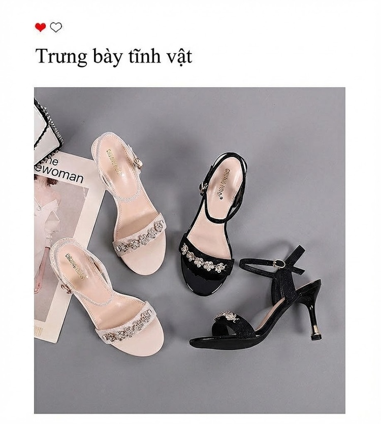 Giày Sandal Cao Gót Nữ Quai Ngang Đính Đá Gót Cao 7cm - 8cm Màu Đen, Kem chi tiết 46