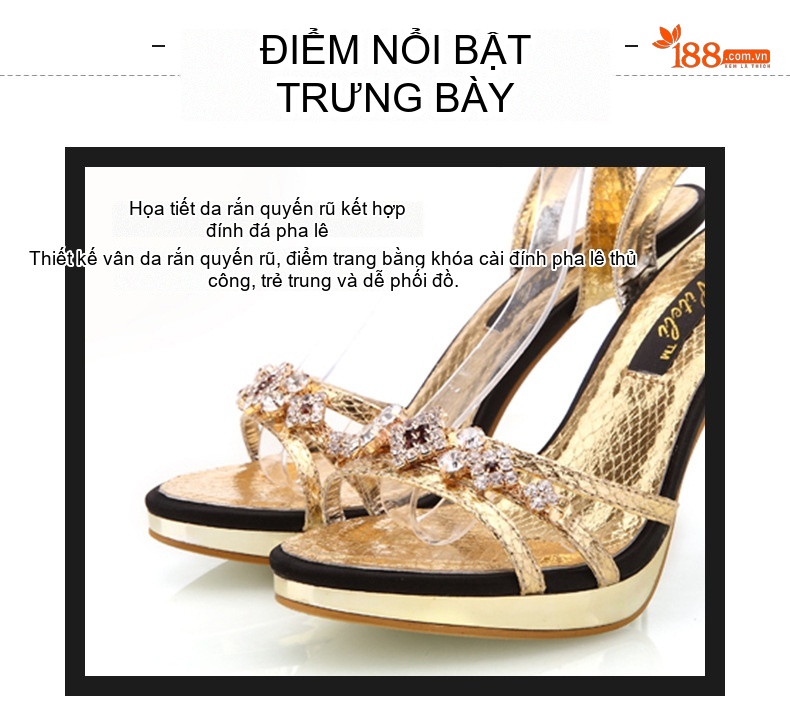 Giày Sandal Cao Gót Nữ Quai Ngang Hở Ngón Đính Đá Gót Cao 9cm - 10cm Màu Vàng, Bạc, Đen... chi tiết 3