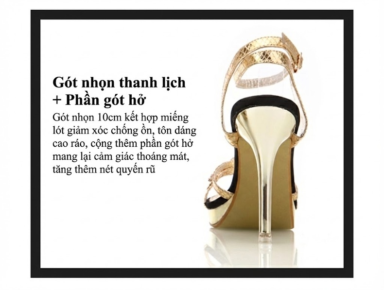 Giày Sandal Cao Gót Nữ Quai Ngang Hở Ngón Đính Đá Gót Cao 9cm - 10cm Màu Vàng, Bạc, Đen... chi tiết 4
