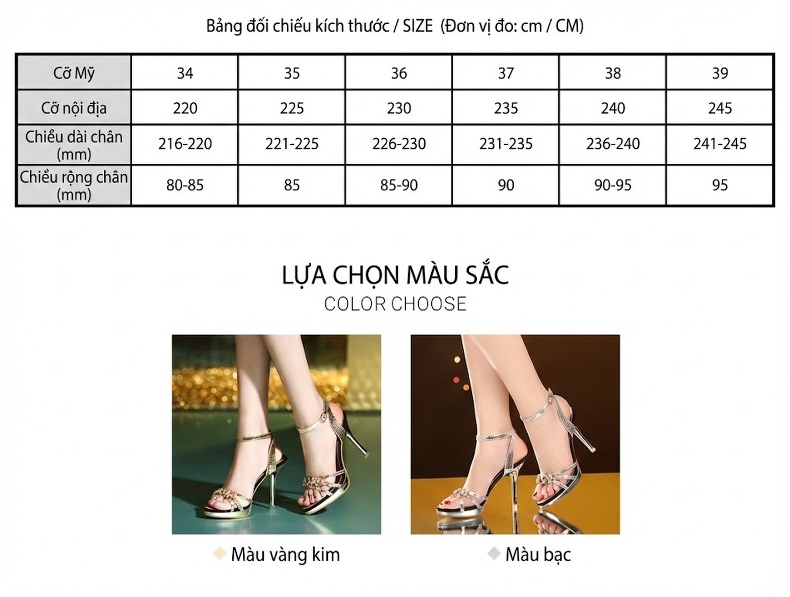 Giày Sandal Cao Gót Nữ Quai Ngang Hở Ngón Đính Đá Gót Cao 9cm - 10cm Màu Vàng, Bạc, Đen... chi tiết 5