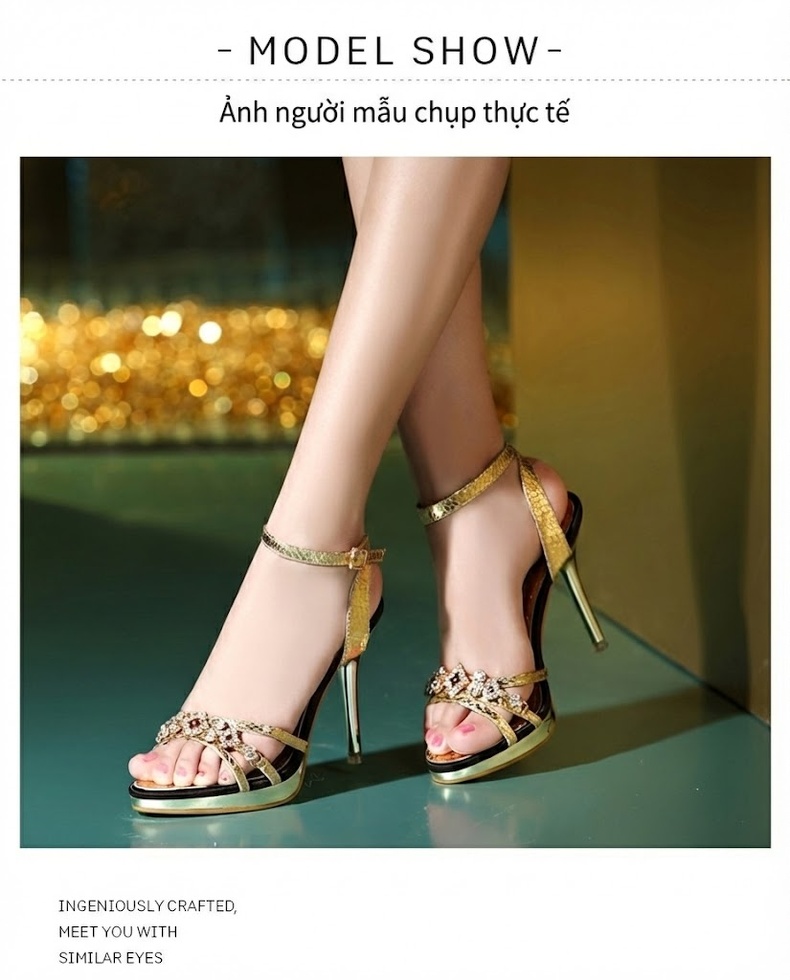 Giày Sandal Cao Gót Nữ Quai Ngang Hở Ngón Đính Đá Gót Cao 9cm - 10cm Màu Vàng, Bạc, Đen... chi tiết 6