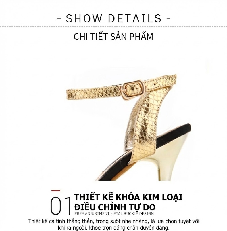 Giày Sandal Cao Gót Nữ Quai Ngang Hở Ngón Đính Đá Gót Cao 9cm - 10cm Màu Vàng, Bạc, Đen... chi tiết 14