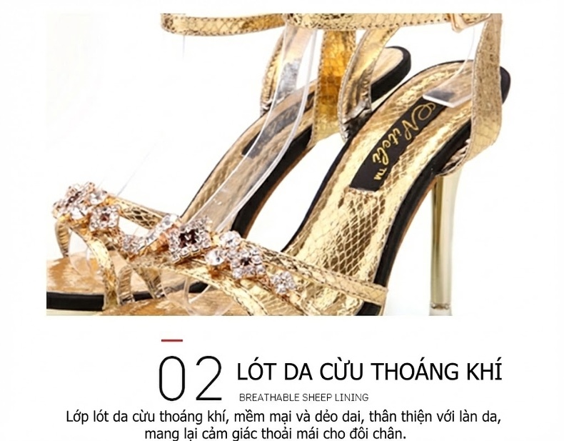 Giày Sandal Cao Gót Nữ Quai Ngang Hở Ngón Đính Đá Gót Cao 9cm - 10cm Màu Vàng, Bạc, Đen... chi tiết 15