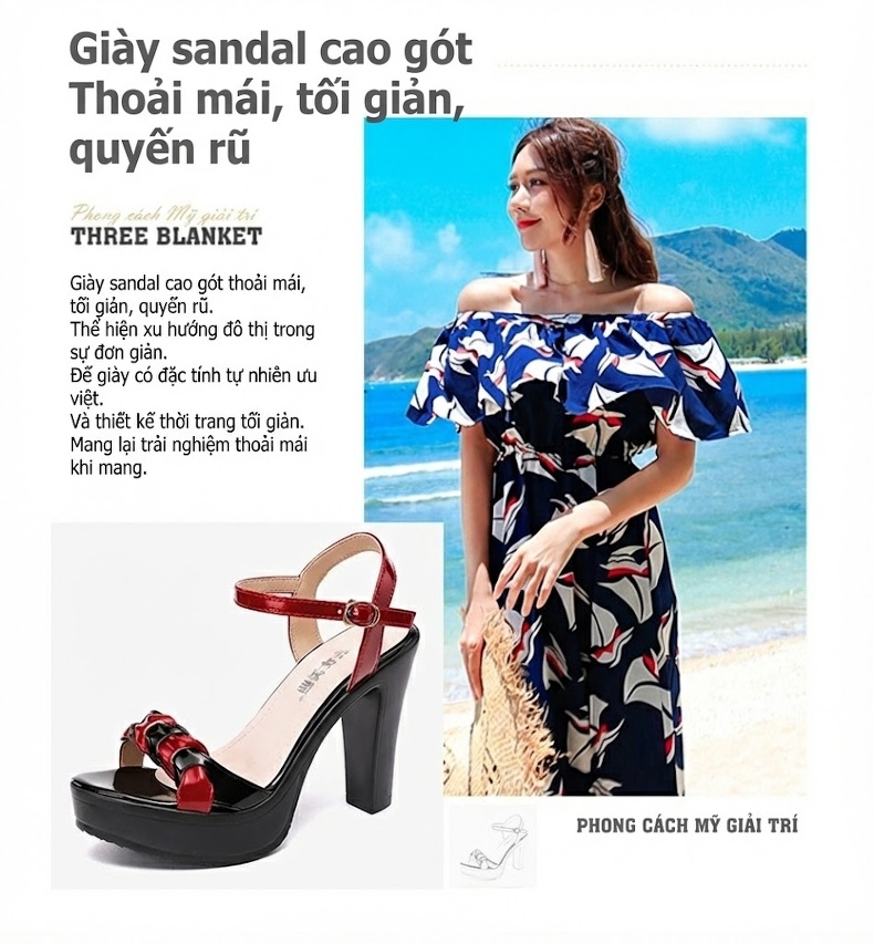 Giày Sandal Cao Gót Nữ Đế Xuồng Hở Ngón Quai Ngang Da Bóng Gót Cao 9cm Màu Đen, Trắng, Đỏ chi tiết 1