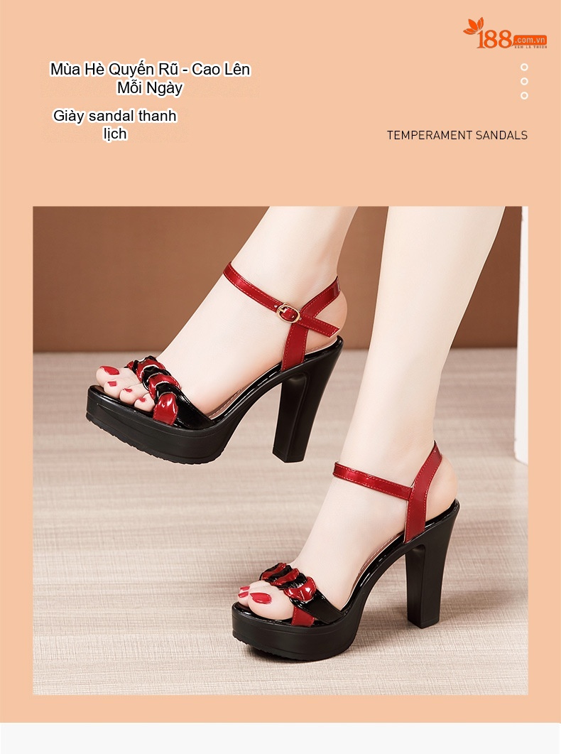Giày Sandal Cao Gót Nữ Đế Xuồng Hở Ngón Quai Ngang Da Bóng Gót Cao 9cm Màu Đen, Trắng, Đỏ chi tiết 2