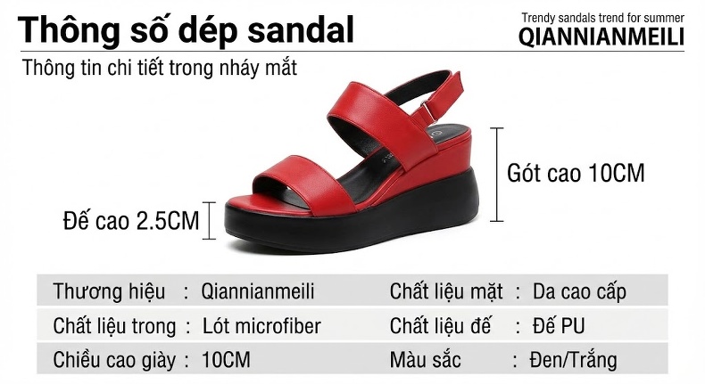 Giày Sandal Cao Gót Nữ Đế Xuồng Hở Ngón Quai Ngang Da Bóng Gót Cao 9cm Màu Đen, Trắng, Đỏ chi tiết 3