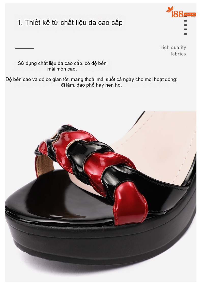 Giày Sandal Cao Gót Nữ Đế Xuồng Hở Ngón Quai Ngang Da Bóng Gót Cao 9cm Màu Đen, Trắng, Đỏ chi tiết 5