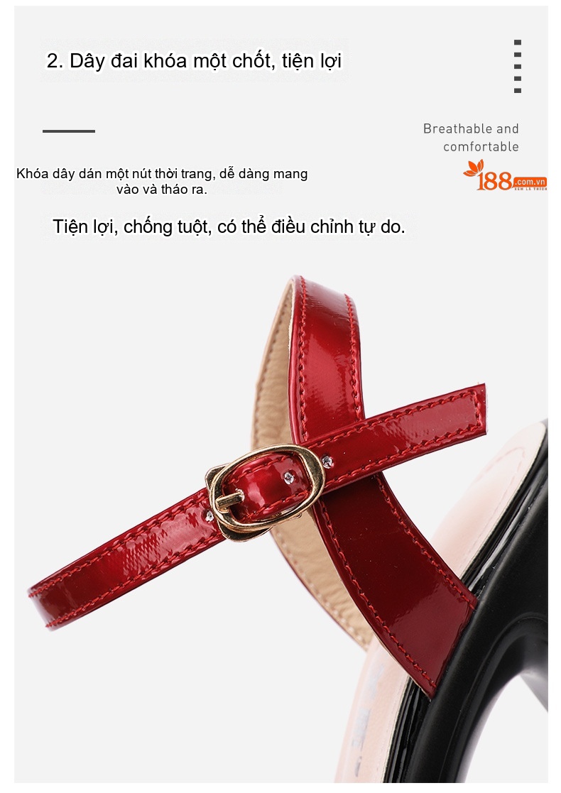 Giày Sandal Cao Gót Nữ Đế Xuồng Hở Ngón Quai Ngang Da Bóng Gót Cao 9cm Màu Đen, Trắng, Đỏ chi tiết 6