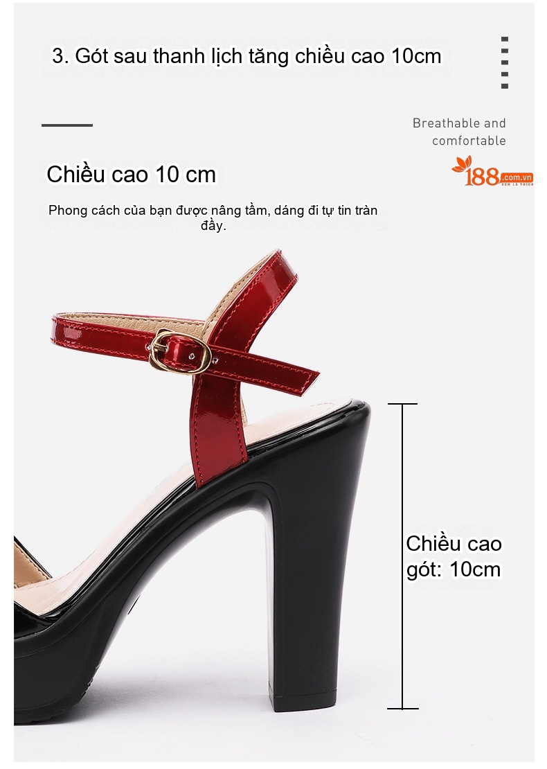 Giày Sandal Cao Gót Nữ Đế Xuồng Hở Ngón Quai Ngang Da Bóng Gót Cao 9cm Màu Đen, Trắng, Đỏ chi tiết 7