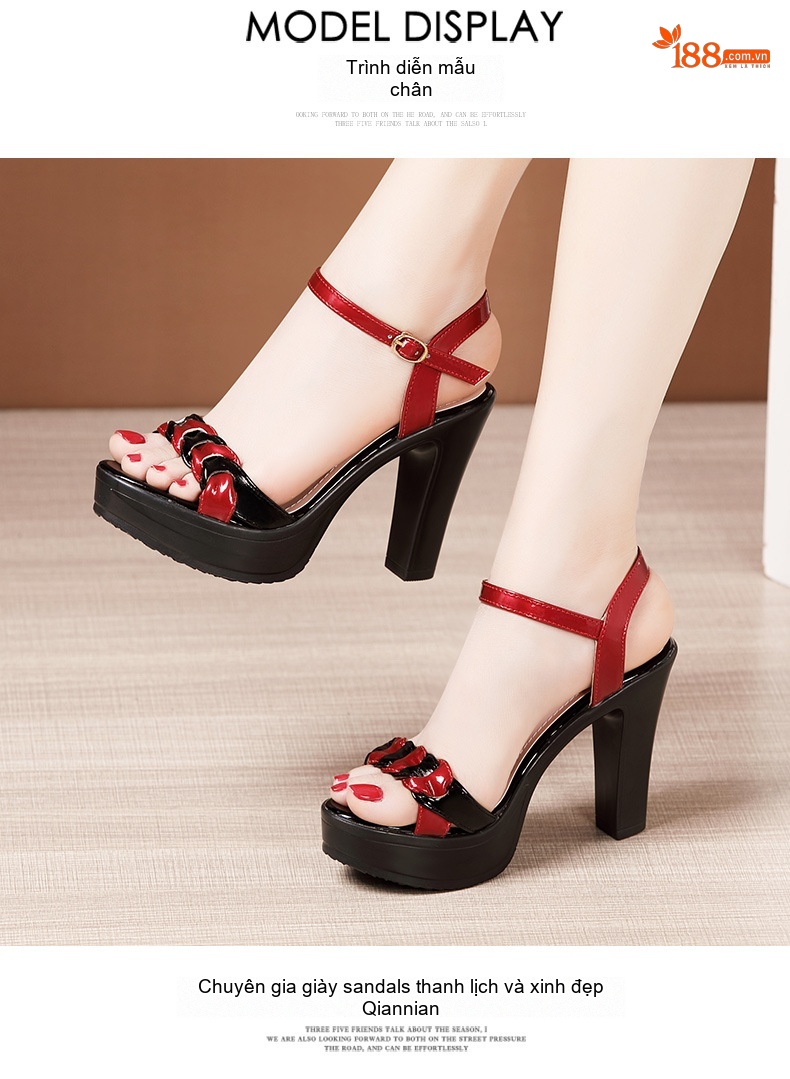 Giày Sandal Cao Gót Nữ Đế Xuồng Hở Ngón Quai Ngang Da Bóng Gót Cao 9cm Màu Đen, Trắng, Đỏ chi tiết 9