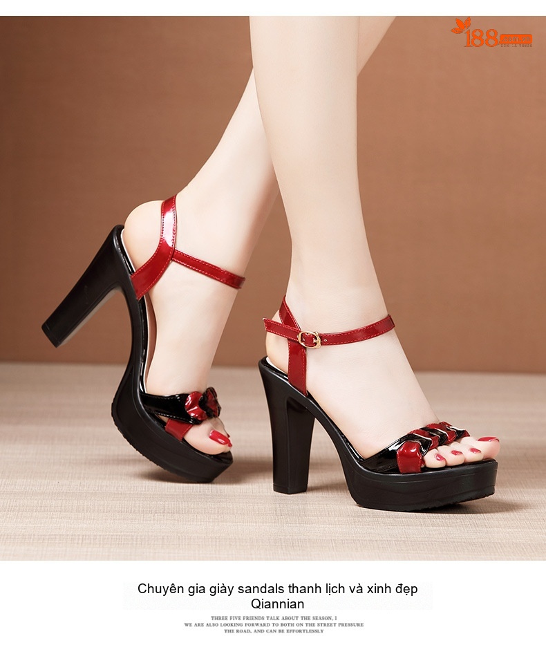 Giày Sandal Cao Gót Nữ Đế Xuồng Hở Ngón Quai Ngang Da Bóng Gót Cao 9cm Màu Đen, Trắng, Đỏ chi tiết 11