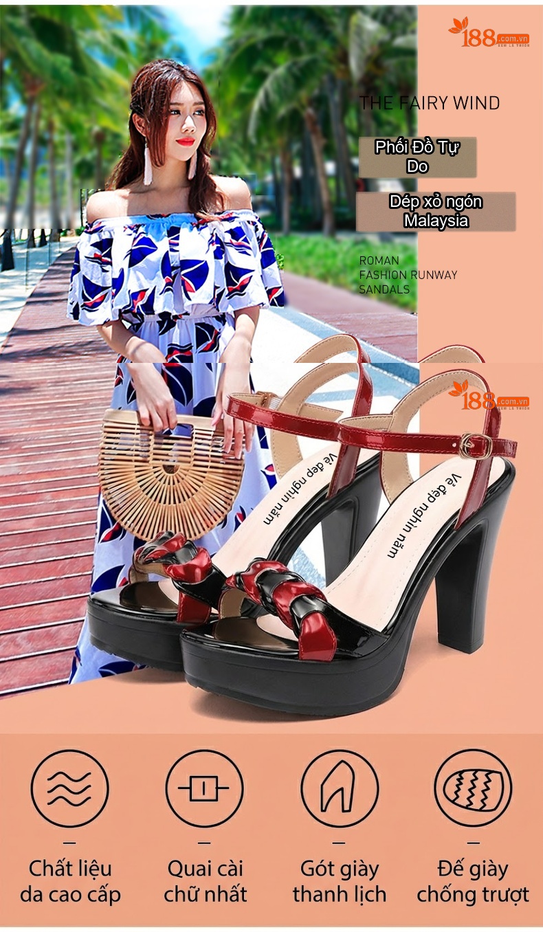 Giày Sandal Cao Gót Nữ Đế Xuồng Hở Ngón Quai Ngang Da Bóng Gót Cao 9cm Màu Đen, Trắng, Đỏ chi tiết 4