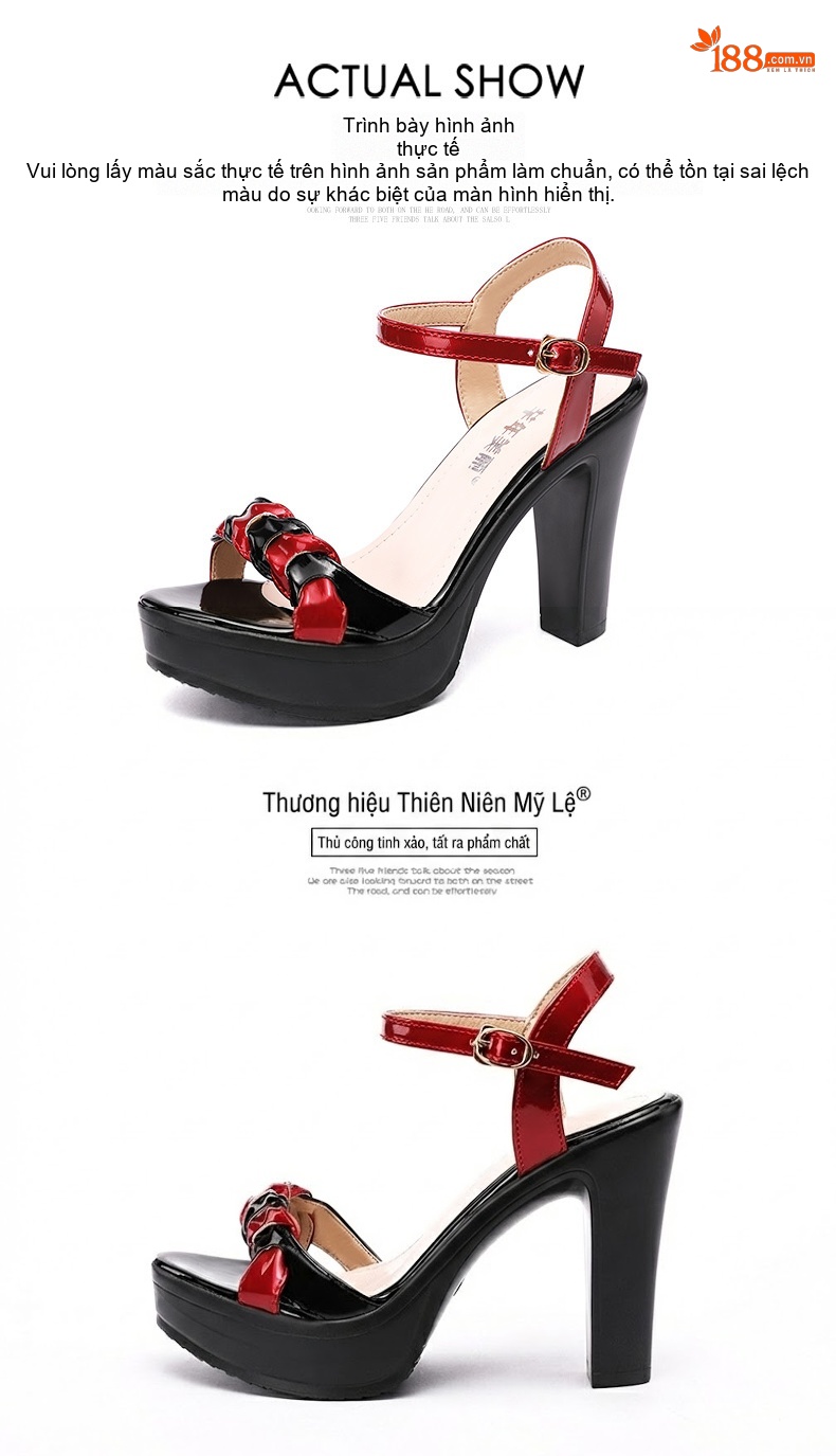 Giày Sandal Cao Gót Nữ Đế Xuồng Hở Ngón Quai Ngang Da Bóng Gót Cao 9cm Màu Đen, Trắng, Đỏ chi tiết 15